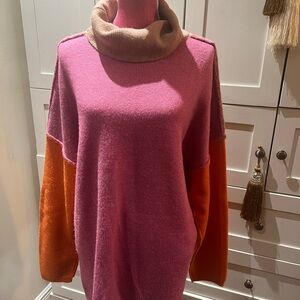 Colorblock Turtleneck Sweater - Pink, Orange, and Tan